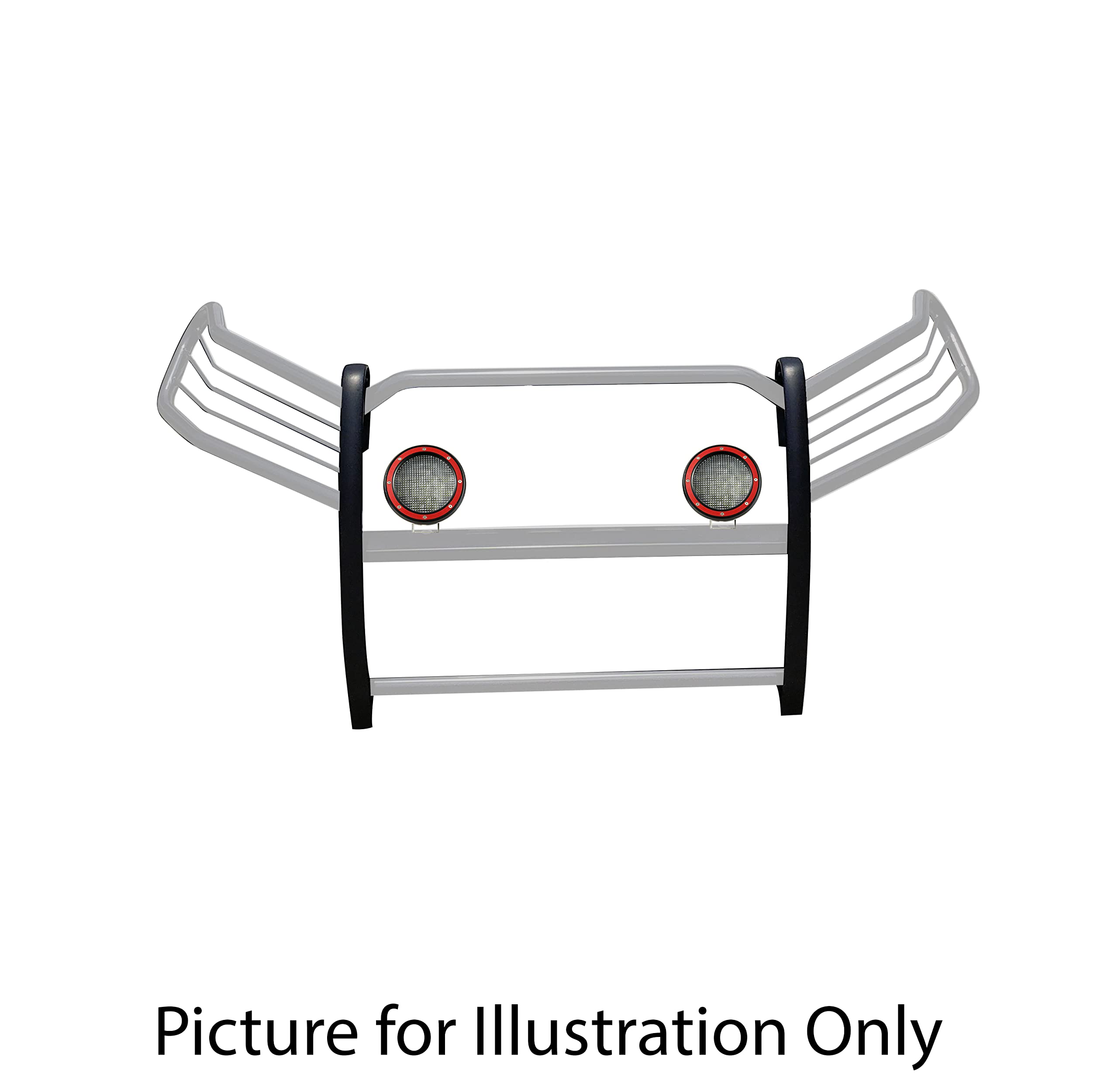 Grille Brush Black Horse Bumper Guard Modular Stainless Steel Come with Pair of 5.3" Dia.LED Lights with Red Trim Rings Compatible with 2019-2024 Toyota RAV4-17A093904MSS-PLFR