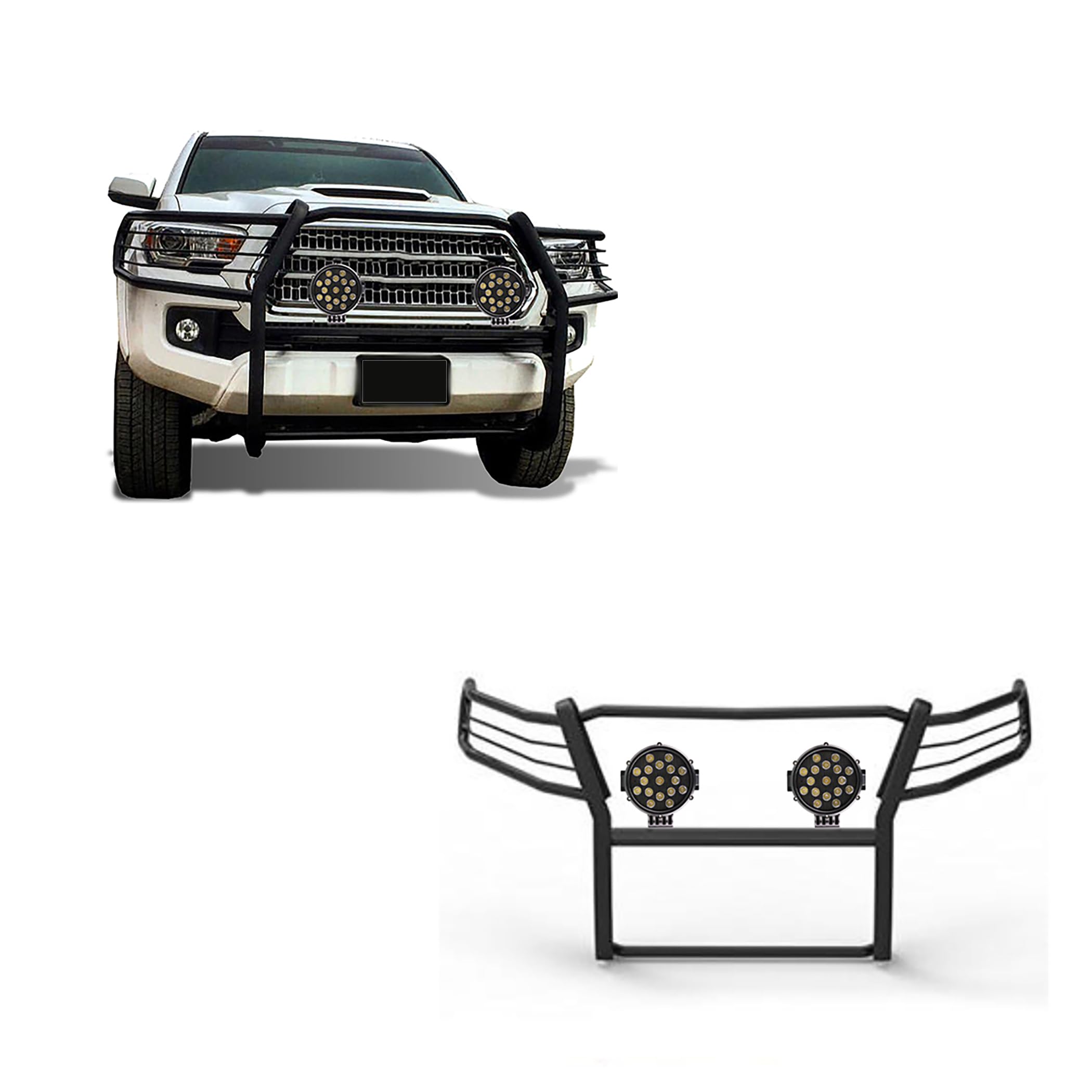 Bumper Guard Black Horse Grille Brush Modular Black Come with Pair of 7.0" Dia.LED Lights with Black Trim Rings Compatible with 2016-2023 Toyota Tacoma-17A096402MA-PLB