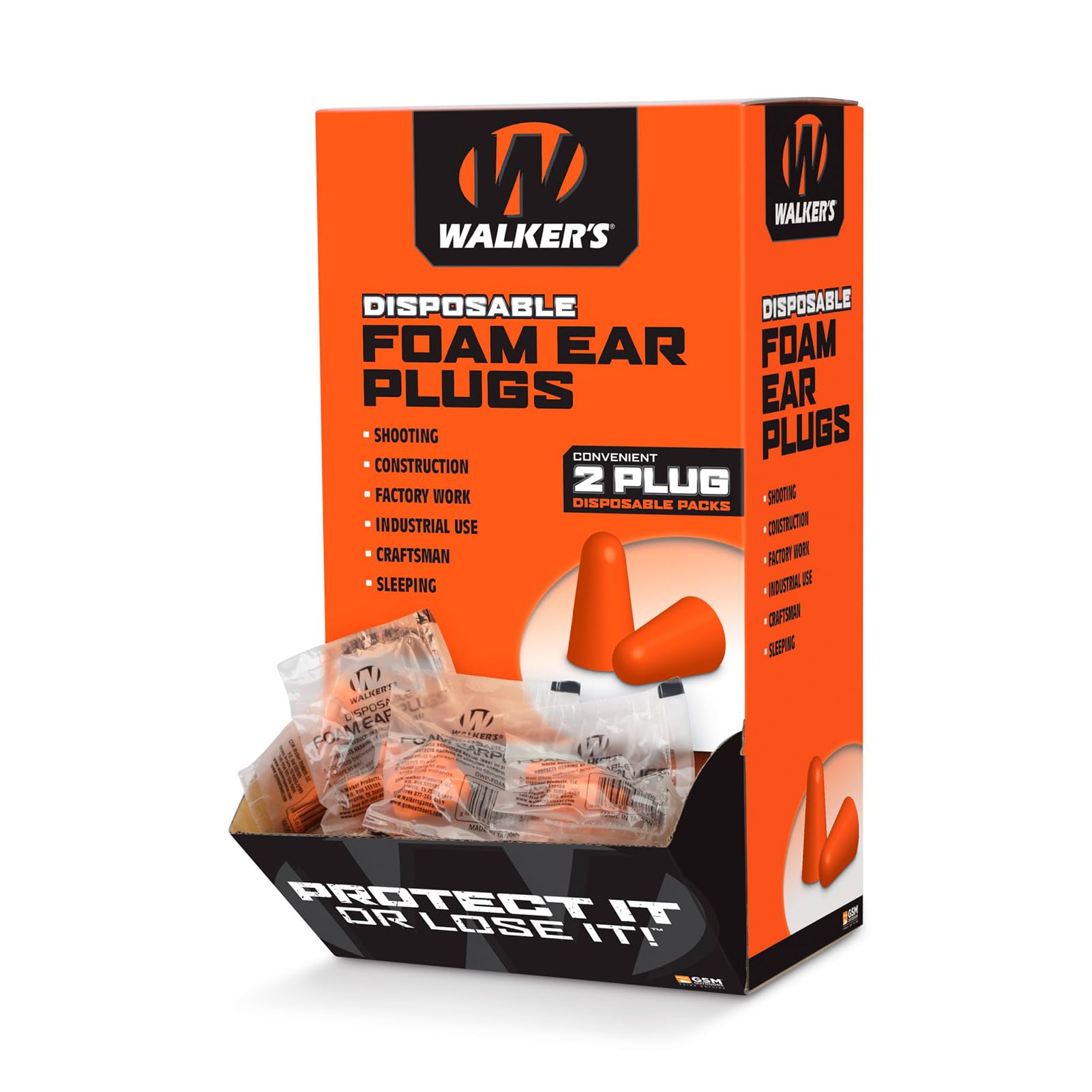 Walker's 200 Pair Box Foam Ear Plugs Counter Display, 32dB NRR Sound Suppressing Soft PU Foam Hearing Protection Range Shooting Hunting Loud Environments Adaptable Earplugs