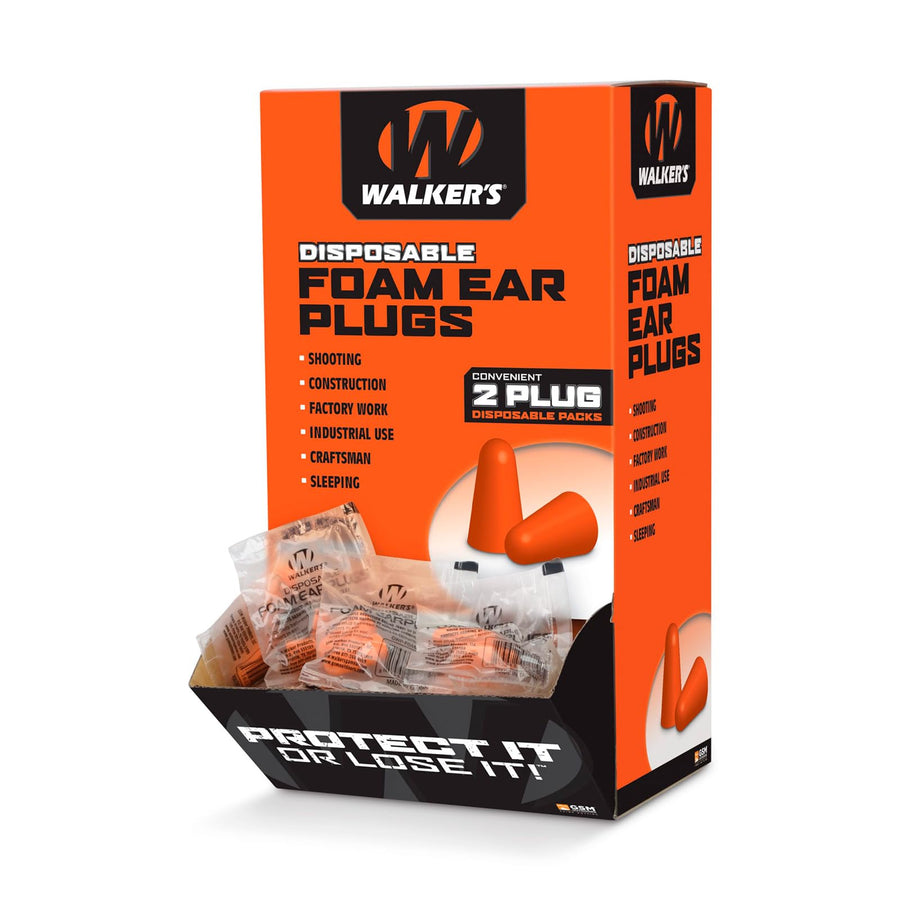Walker's 200 Pair Box Foam Ear Plugs Counter Display, 32dB NRR Sound Suppressing Soft PU Foam Hearing Protection Range Shooting Hunting Loud Environments Adaptable Earplugs