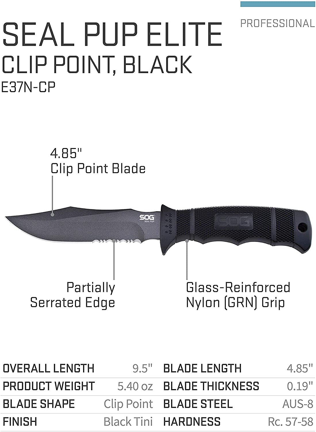 SOG Fixed Blade Knives - Tactical Knife Seal Pup Survival Knife and Hunting Knife w/ 4.75 Inch Blade and MOLLE Knife Sheath & GRN Grip (M37N-CP), black