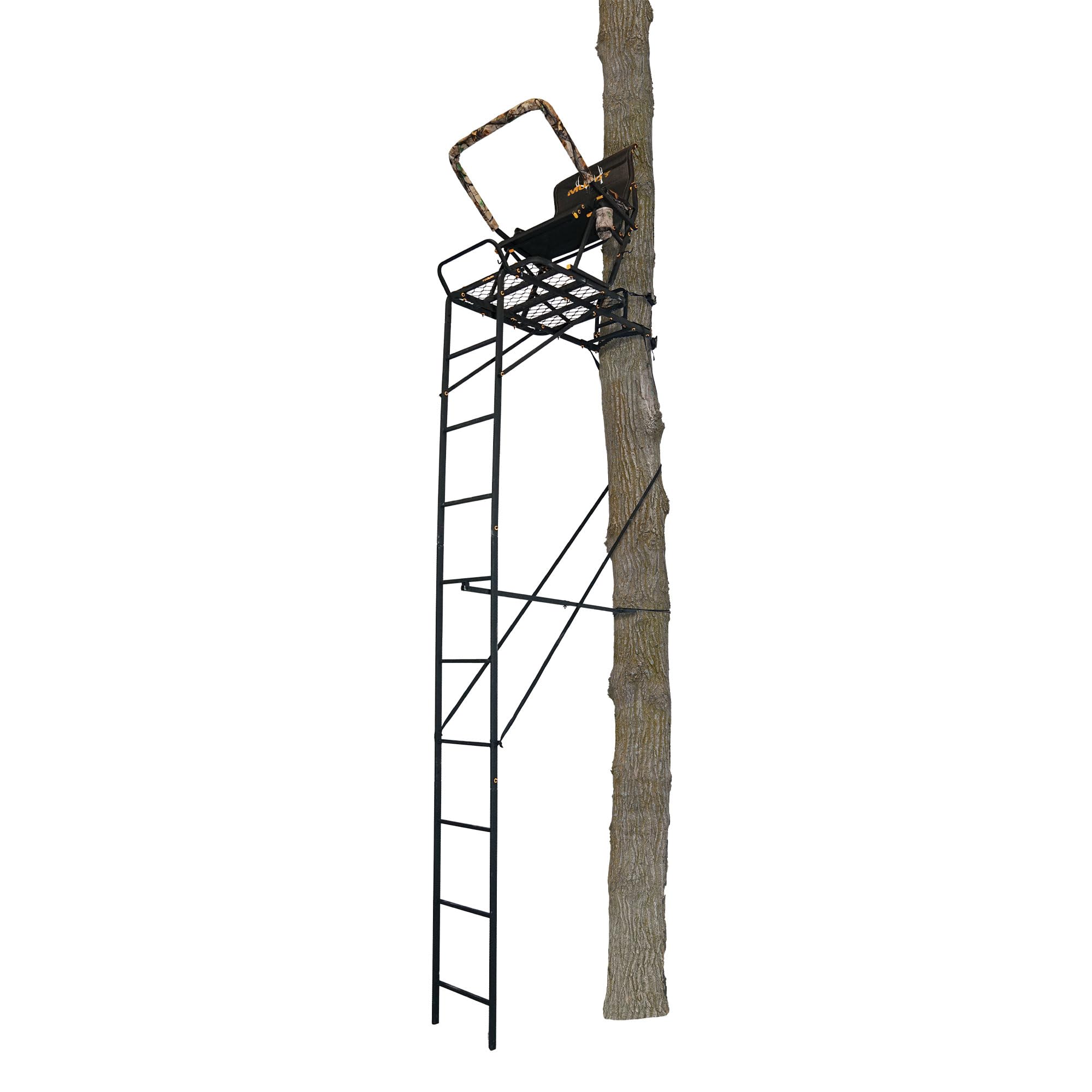 Muddy 1.5 Boss Hawg Deer Hunting Ladderstand, 17 Foot 1 Person Climbing Tree Stand with Lumbar Seat and Expanded D-Force Metal Platform
