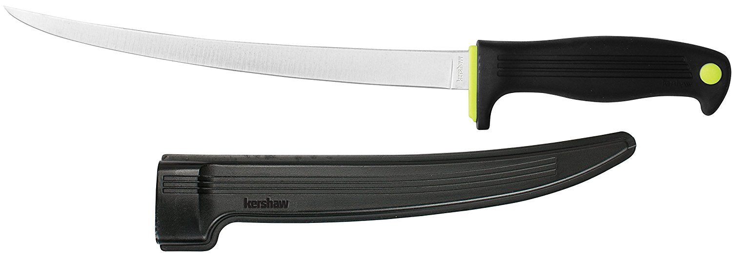9" Kershaw Clearwater Fish Fillet Knife, Black, 9 Inch Fixed Stainless Steel Blade, Trailing Point Blade Tip, Includes ABS Sheath, Fishing Fillet Knife for Large Salt and Fresh Water Fish