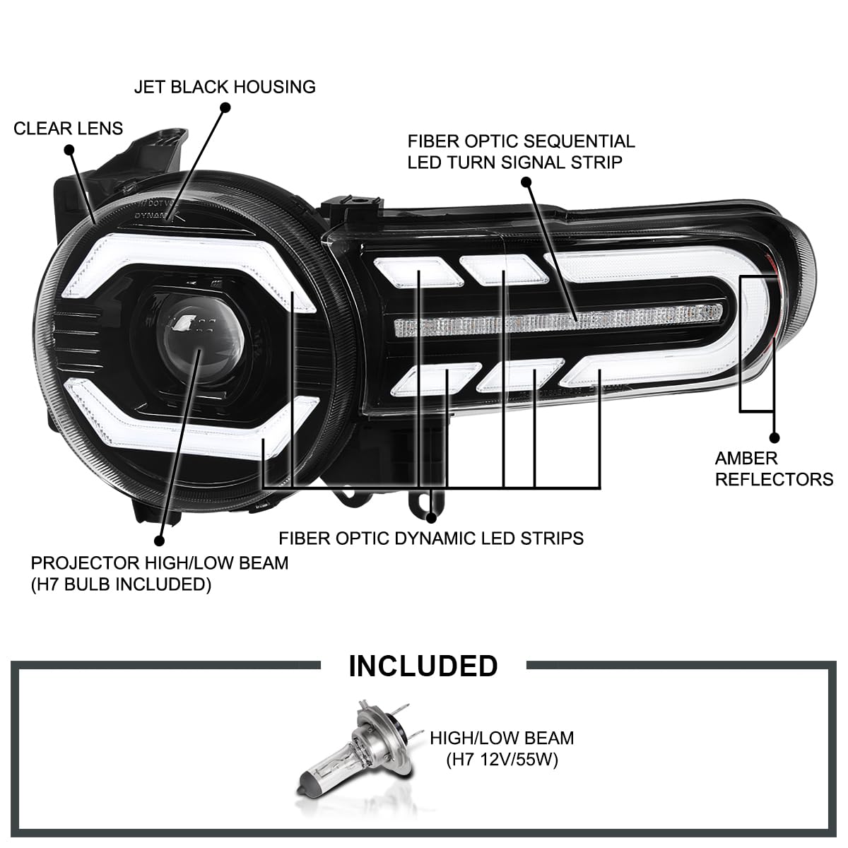 Black SPEC-D TUNING Projector Headlights w/LED Sequential Turn Signals and Startup Animation Compatible with 2007-2014 Toyota FJ Cruiser, Left + Right Pair Headlamp Assembly