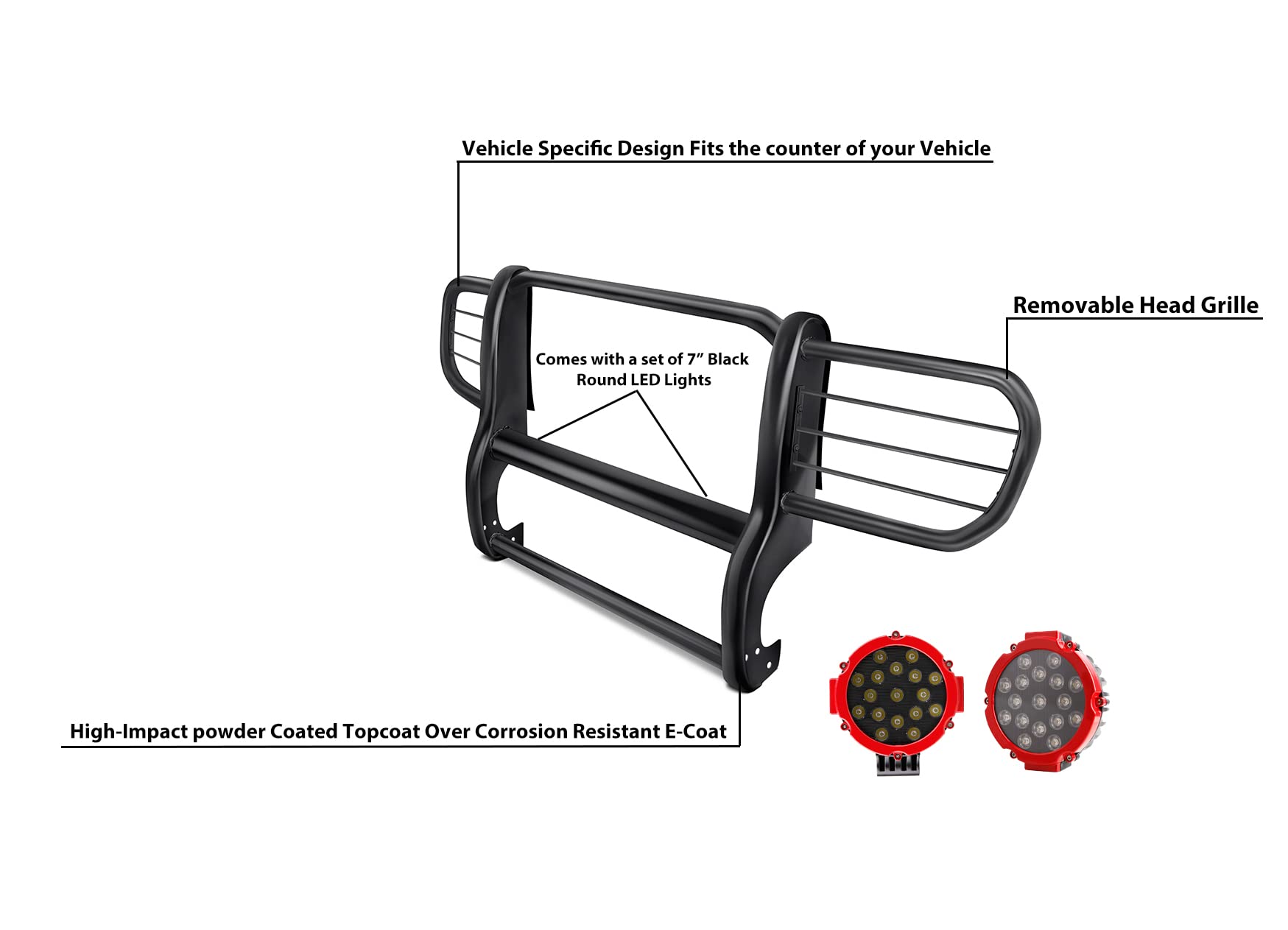 Bumper Guard Black Horse Grille brush Modular Come With pair of 7.0"Dia.LED Lights with Red Trim Rings Compatible with 2006-2010 Jeep Commander-17A081000MA-PLR