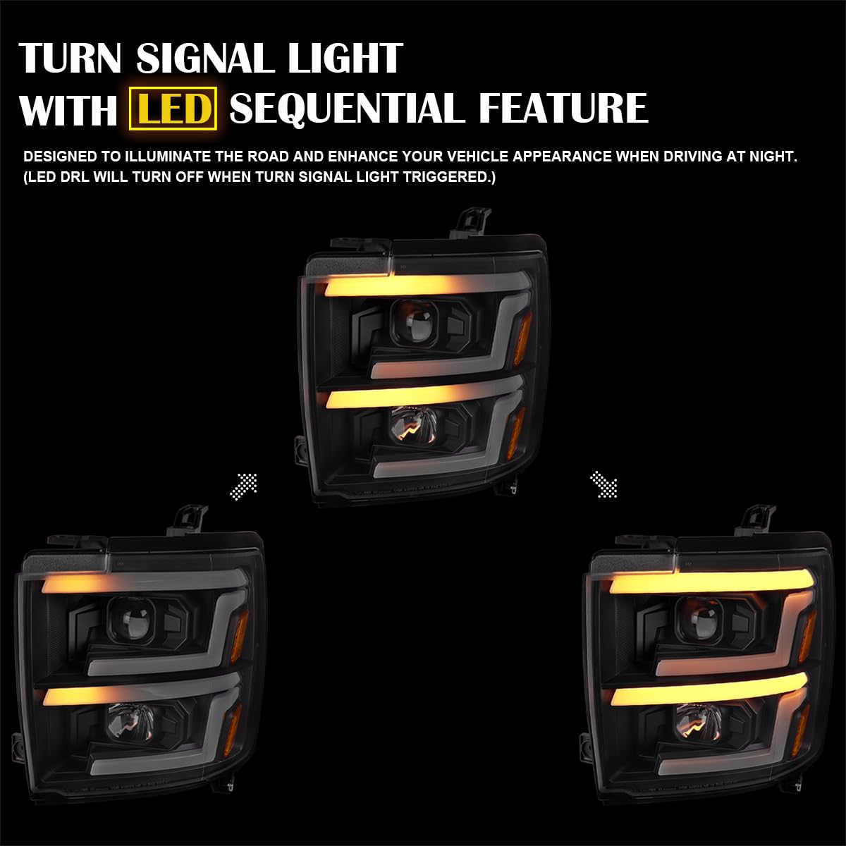 Black Projector Headlights SPEC-D TUNING w/Sequential Switchback LED Signal Lamps Compatible with 2015-2019 Chevy Silverado 2500HD 3500HD