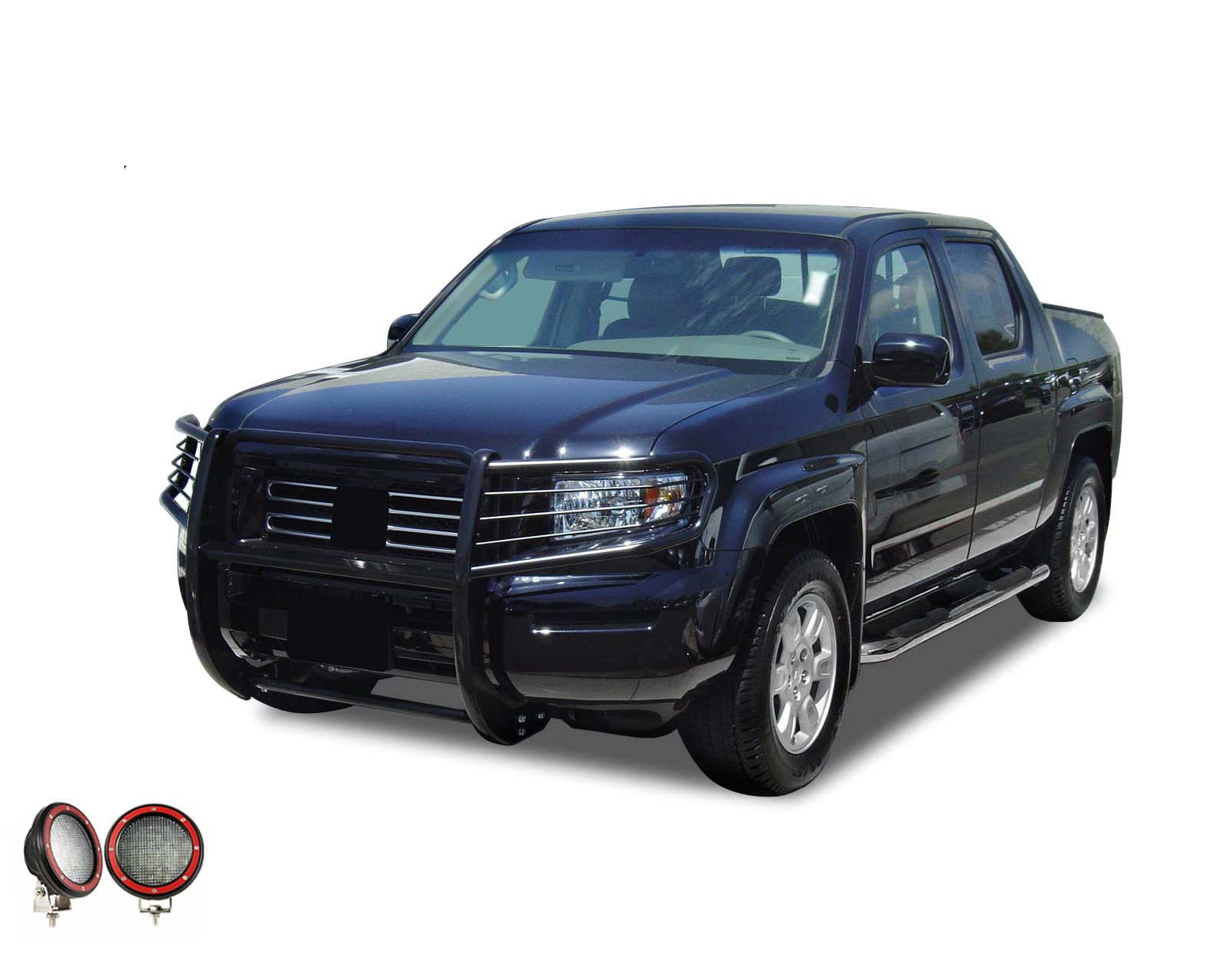 Bumper Guard Black Horse Grille Brush Modular Black Come with Pair of 5.3" Dia.LED Lights with Red Trim Rings Compatible with 2006-2014 Honda Ridgeline-17A152500A1MA-PLFR
