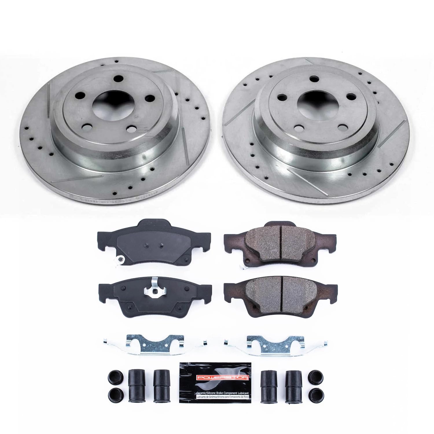 Power Stop K5950 Rear Brake Pads Z23 Carbon Fiber with Drilled and Slotted Brake Rotors Kit For 2011-2013 2014 2015 2016 2017 2018 2019 2020 2021 2022 Dodge Durango Jeep Grand Cherokee Solid Discs