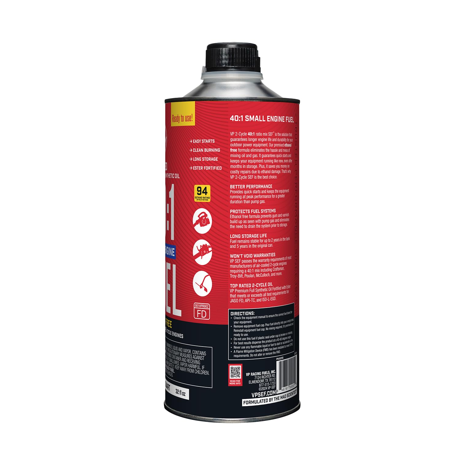 Ready to Use VP Racing Fuels 6295, 40:1 Premixed 2-Cycle Small Engine Fuel (SEF) - Quart