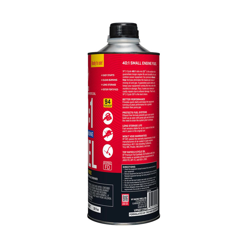 Ready to Use VP Racing Fuels 6295, 40:1 Premixed 2-Cycle Small Engine Fuel (SEF) - Quart