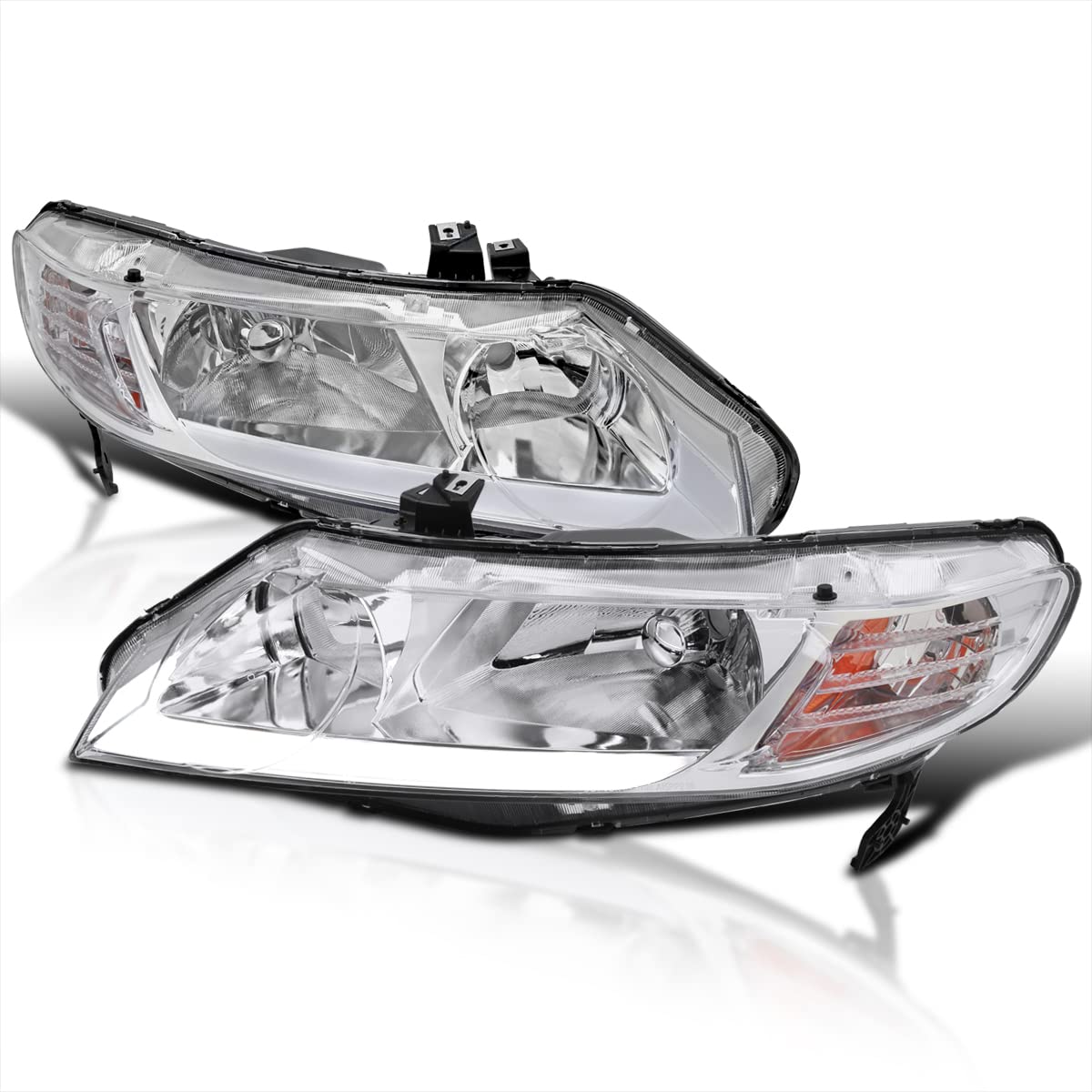 Chrome LED DRL Headlights Spec-D Tuning Lamps Set L+R Compatible with 2006-2011 Honda Civic Sedan 4DR