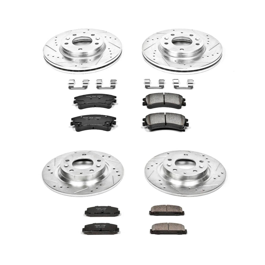 Power Stop K2449 Z23 Carbon Fiber Brake Pads Front and Rear with Drilled & Slotted Brake Rotors Kit For Mazda 6 2003-2005 [Model Specific]