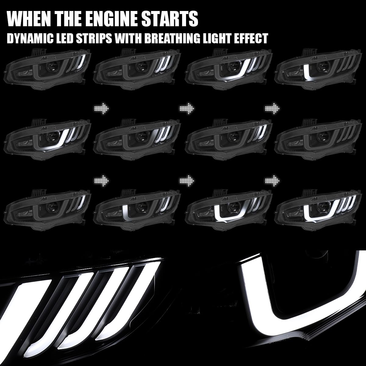 Full LED Projector Headlights SPEC-D TUNING w/Switchback Sequential Signals Compatible with 2016-2021 Honda Civic Models with Factory LED Headlights