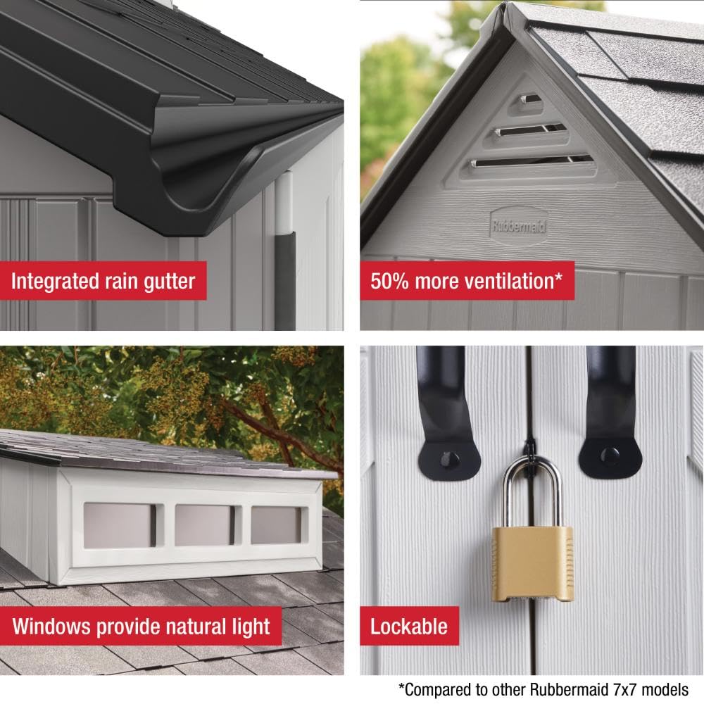 Rubbermaid Outdoor Resin Storage Shed With Floor (7 x 7 Ft) Weather Resistant Gray Organization for Home/Backyard/Garden Tools/Lawn Mower/Bike Storage/Pool Supplies