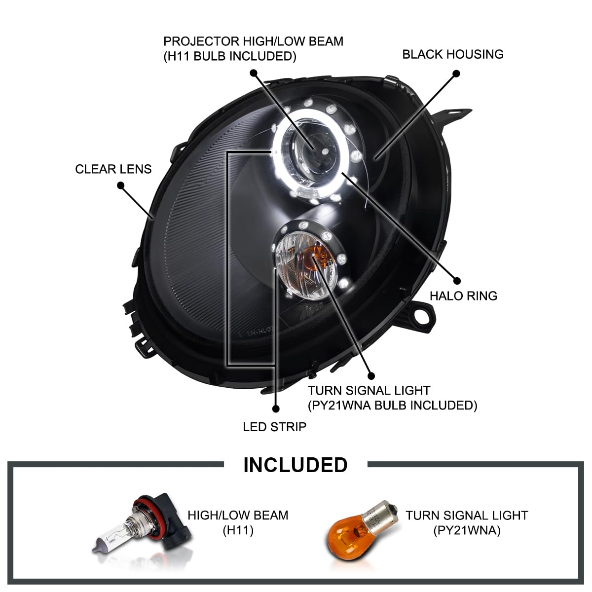 Halo Ring Black Projector Headlights SPEC-D TUNING Compatible with 2007-2013 R56 MINI Cooper Models, Left + Right Pair Headlamps Assembly