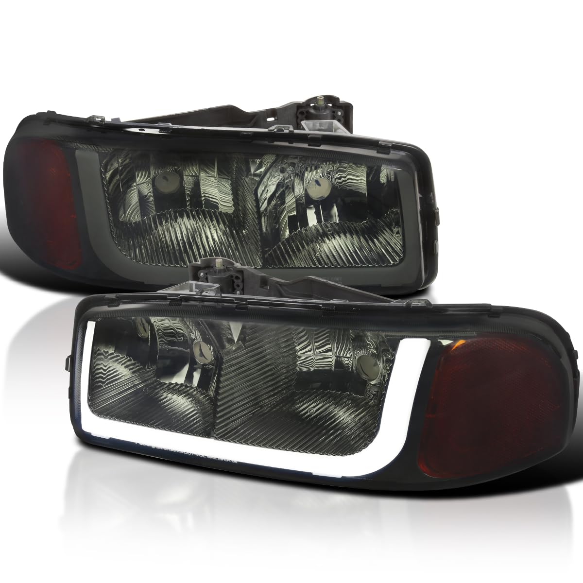 Chrome Housing SPEC-D TUNING Smoke Lens Headlights Lamps+LED Tube Strip Compatible with 1999-2006 GMC Sierra 1500/2500/3500, Left + Right Pair Headlamp Assembly