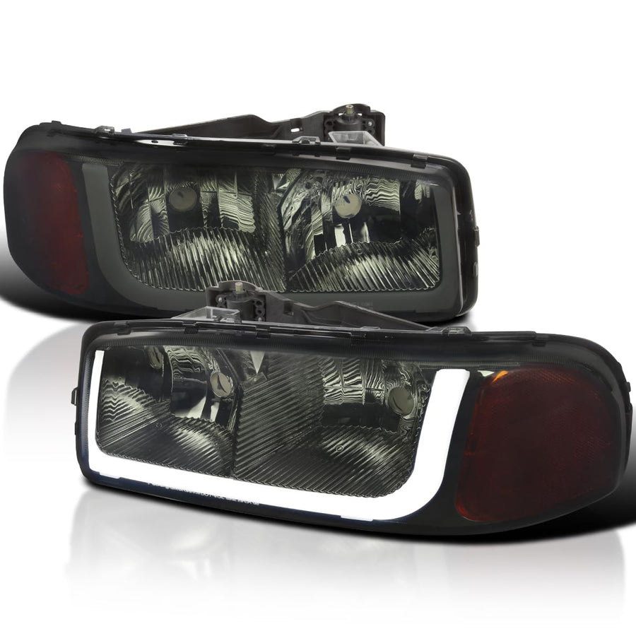 Chrome Housing SPEC-D TUNING Smoke Lens Headlights Lamps+LED Tube Strip Compatible with 1999-2006 GMC Sierra 1500/2500/3500, Left + Right Pair Headlamp Assembly