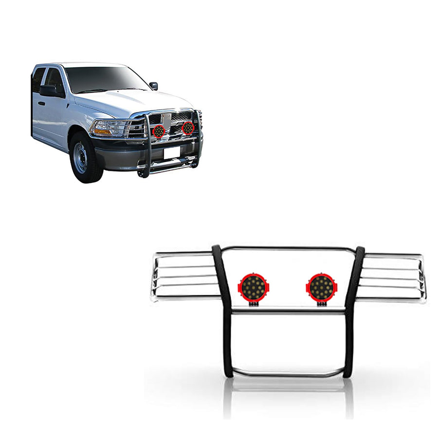 Bumper Guard Modular Black Horse Grille brush Stainless Steel Come With pair of 7.0"LED Lights with Red Trim Rings Compatible with 2009-2018 Dodge Ram 1500|2019-2023 Ram 1500 Classic-17DG109MSS-PLR