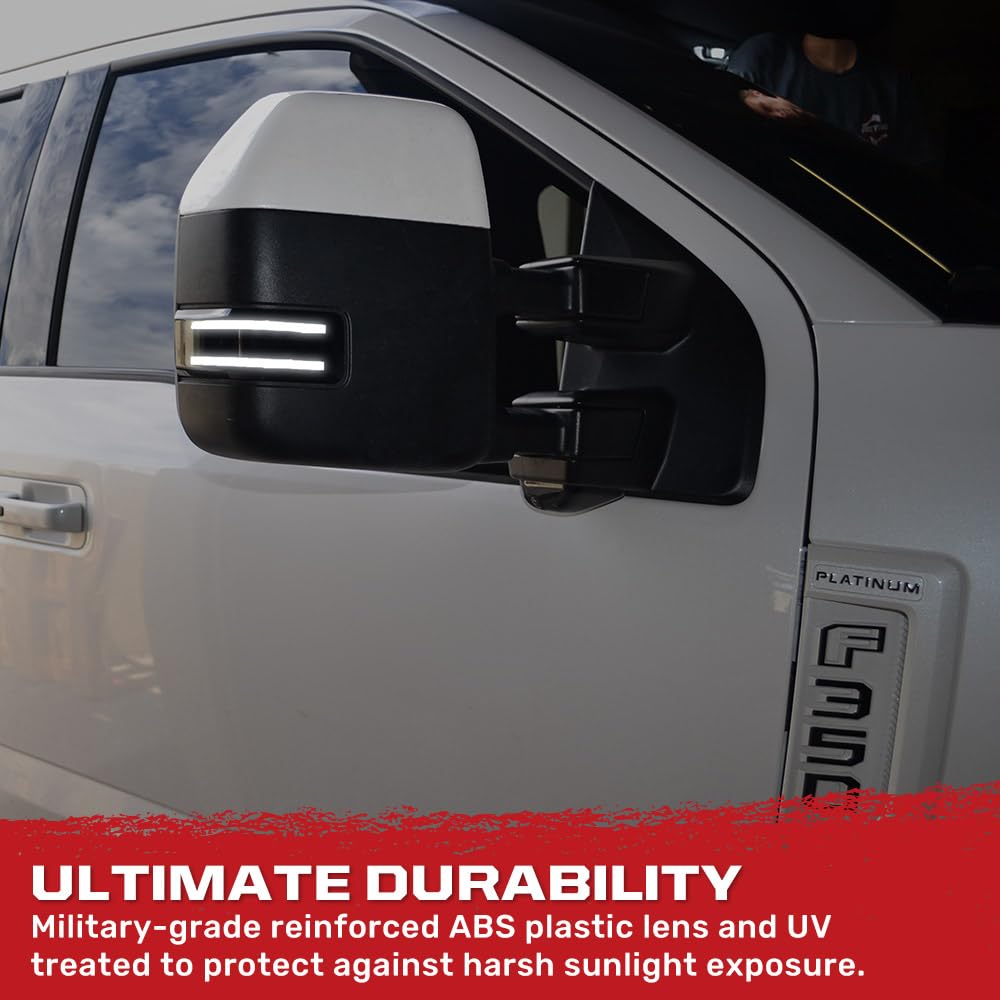 RECON - Smoked Side Mirror Lenses Fits Ford 17-22 Super Duty (F250, F350, F450) with LED White Running Lights, Spotlight, Scanning Amber Turn Signals - Smoked Lens