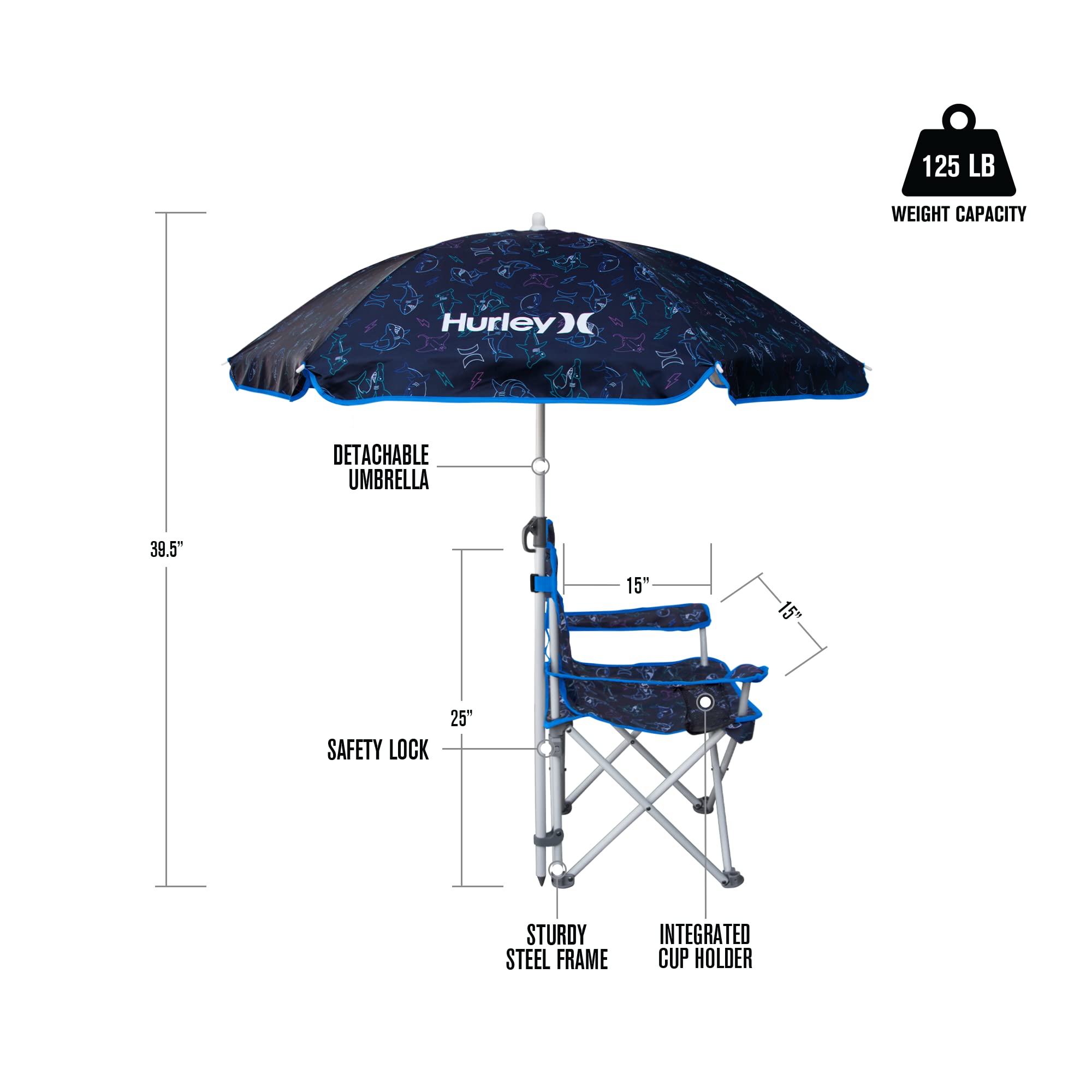 Kids Hurley Quad Chair with Umbrella, One Size, Navy Shark