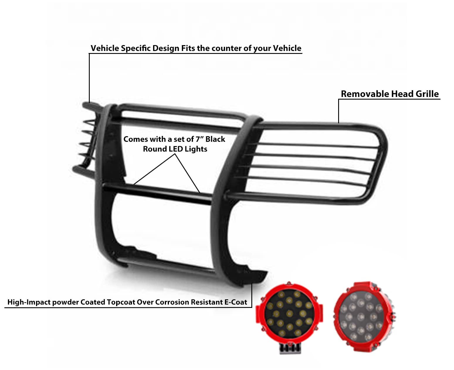 Black Horse Grille Brush Bumper Guard Black Modular Come with Pair of 7.0" Dia.LED Lights with Red Trim Rings Compatible with 2002-2006 GMC Envoy|2002-2006 GMC Envoy XL-17GD26MA-PLR