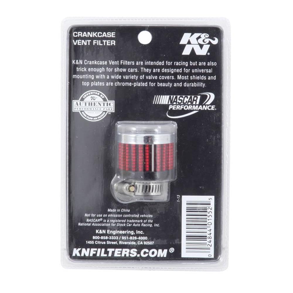 K&N Air Filter/Breather Vent: High Performance, Premium, Washable, Replacement Engine Filter: Flange Diameter: 0.5 in, Filter Height: 1.125 in, Flange Length: 0.438 in, Shape: Breather, 62-2480