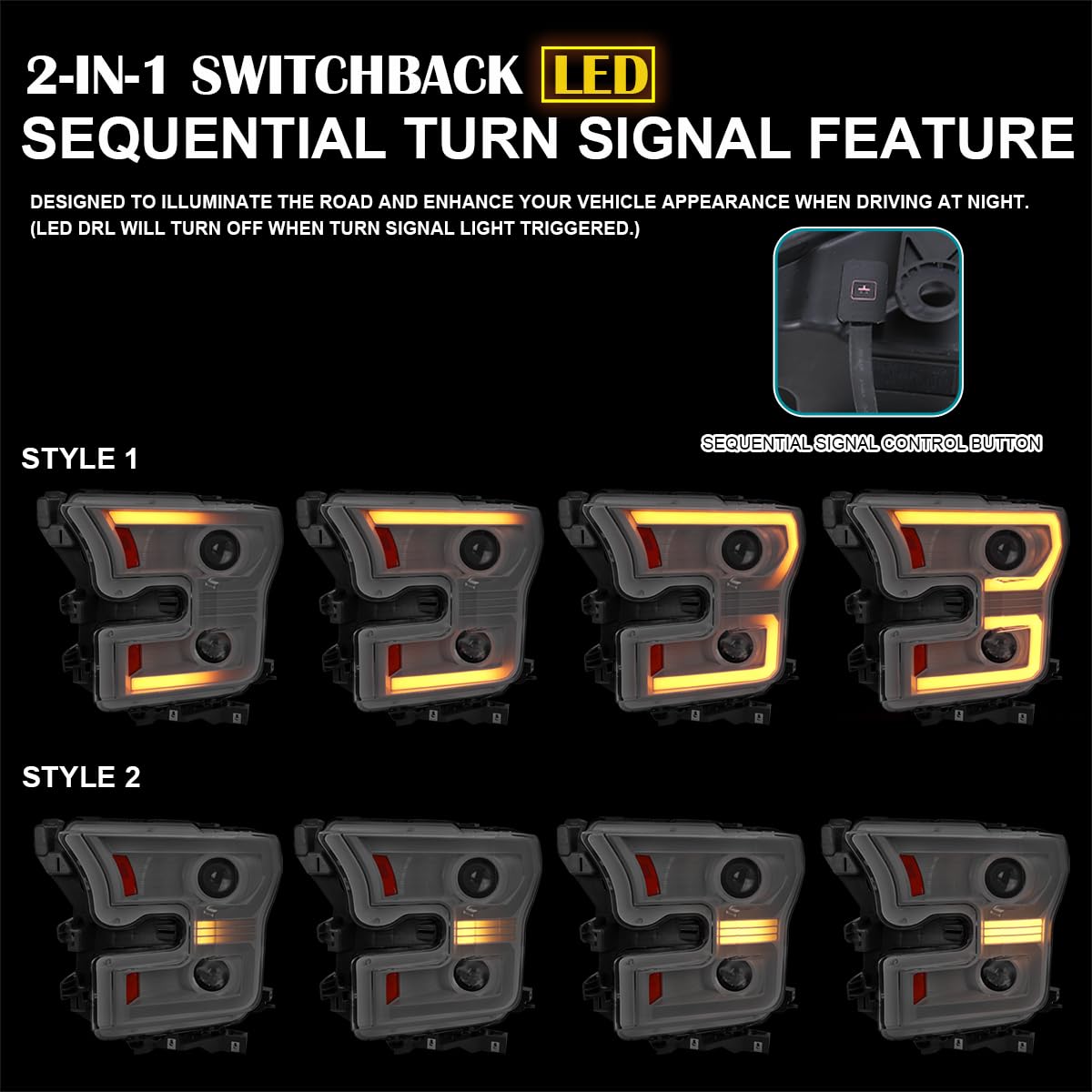 Dual Projector Headlights w/Switchback Sequential LED Tube Signal SPEC-D TUNING Arctic White Compatible with 2015-2017 Ford F150 Left + Right Pair Headlamps Assembly