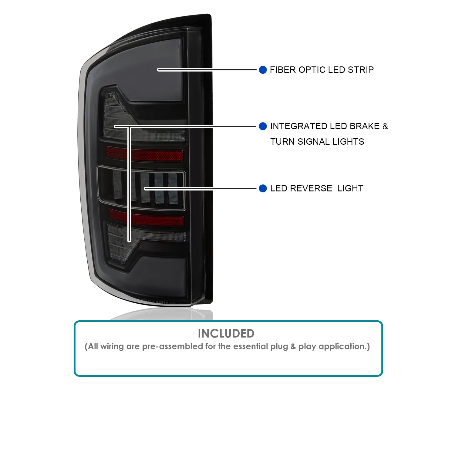 Black Smoke Tail Lights w/White LED SPEC-D TUNING Compatible with 2007-2008 Dodge Ram 1500/2500 / 3500, Left + Right Pair Assembly