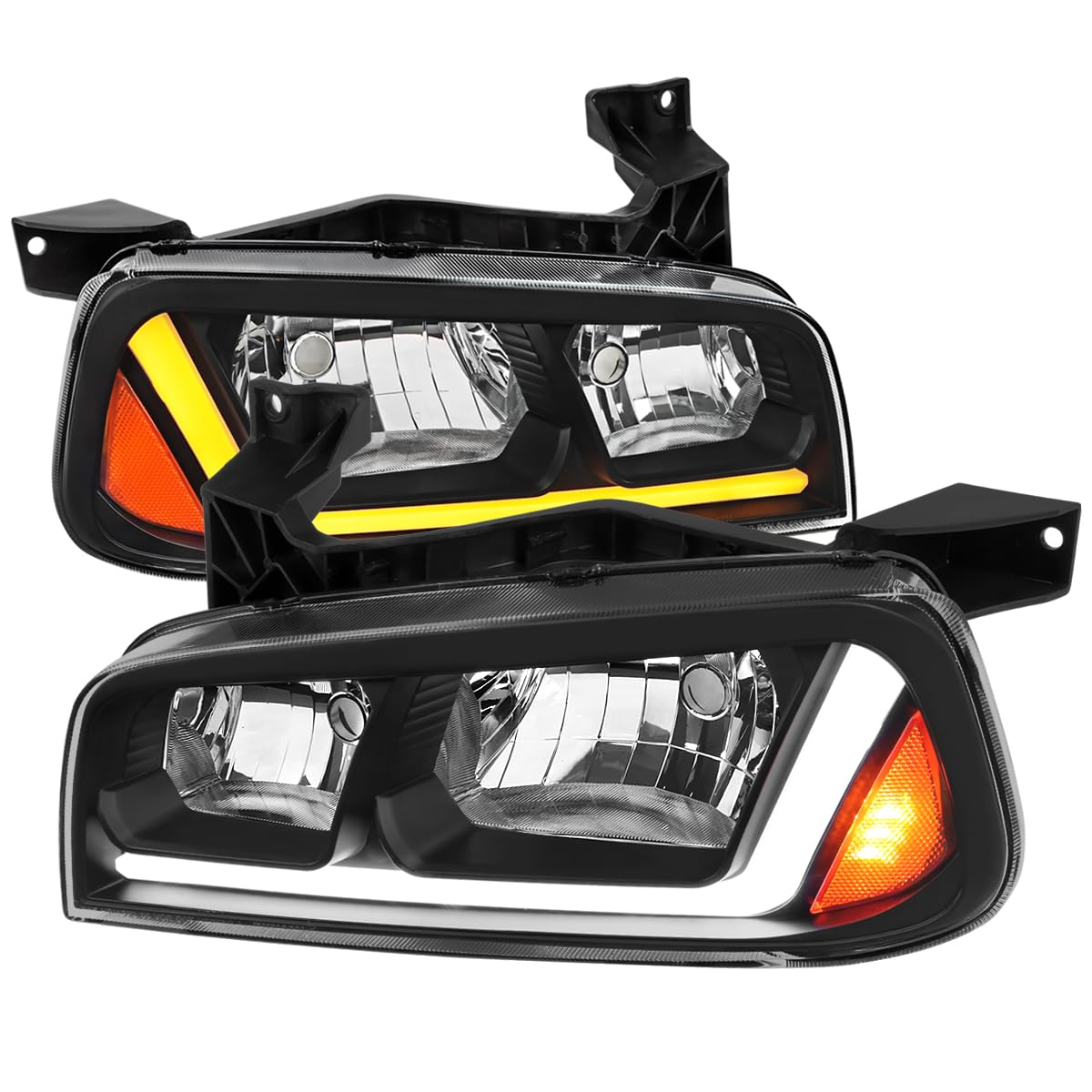 Black SPEC-D TUNING Headlights w/Fiber Optic LED Strip and Turn Signal Light Compatible with 2006-2010 Dodge Charger 4Dr Sedan, Left + Right Pair Headlamp Assembly