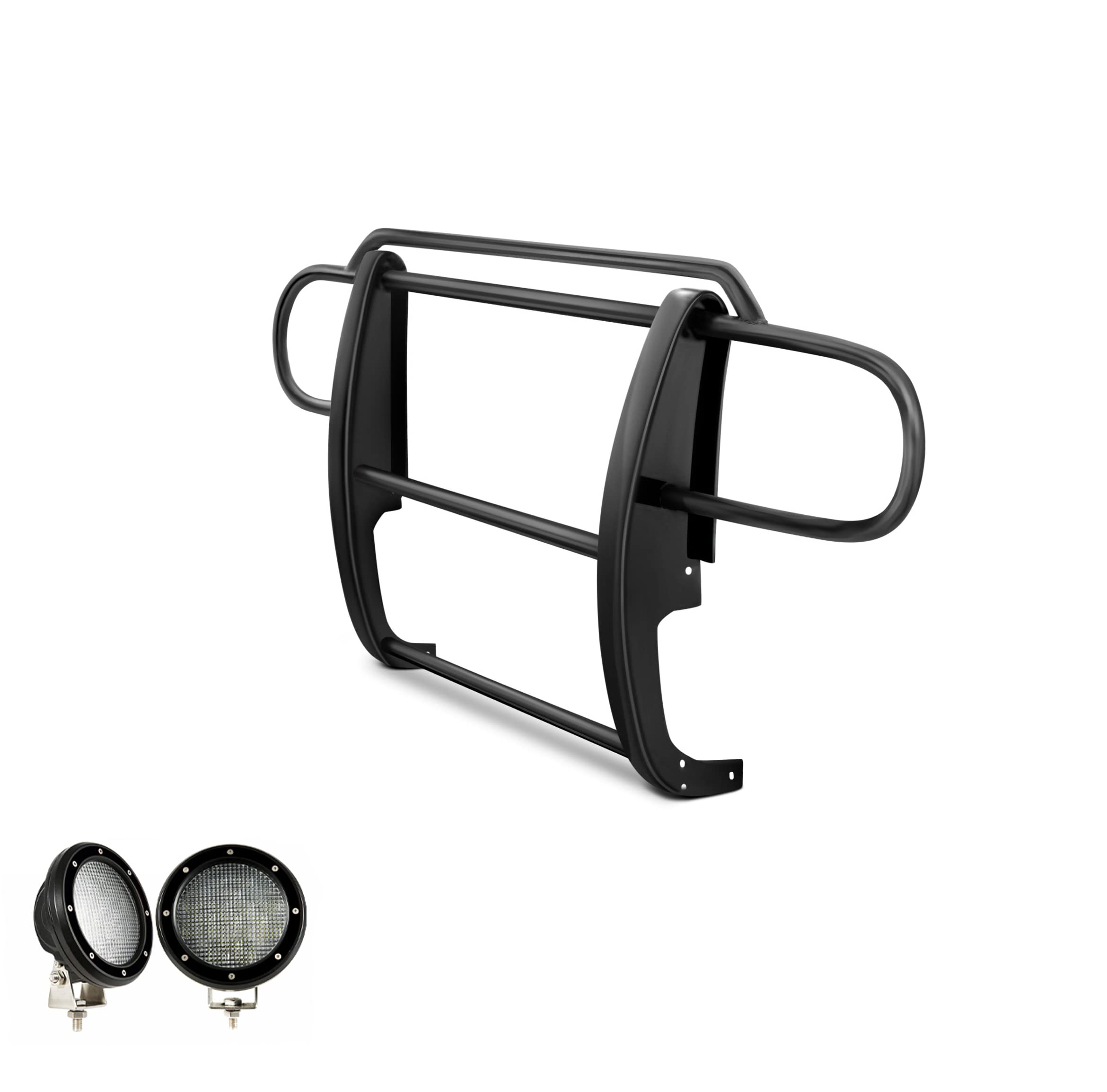 Grille Brush Black Horse Bumper Guard Modular Black Come with Pair of 5.3" Dia.LED Lights with Black Trim Rings Compatible with 2007-2017 Jeep Wrangler-17JPWRMA-PLFB