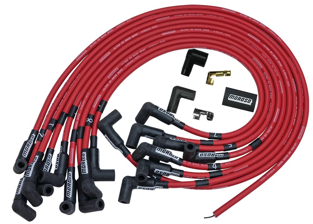 Moroso Ultra 40 73692 Red Spark Plug Wire Set, Fits Big Block Chevy, HEI Crab Cap Distributor, 90 Degree Plug Ends