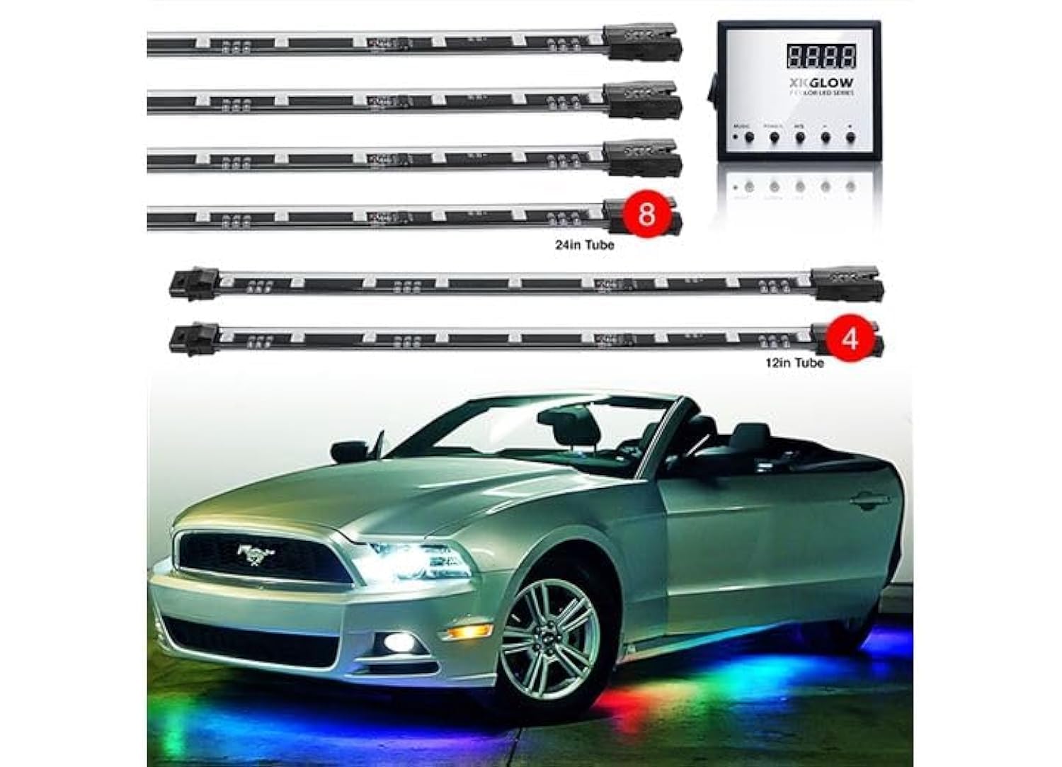 8pc 24" Tubes + 4pc 12" Tubes 2nd Gen Undercar & Interior Advanced 3 Million Color UFO Style LED Car Truck ATV Underbody Glow Wireless 120 Preset Remote Control Light Options Accent Light Kit