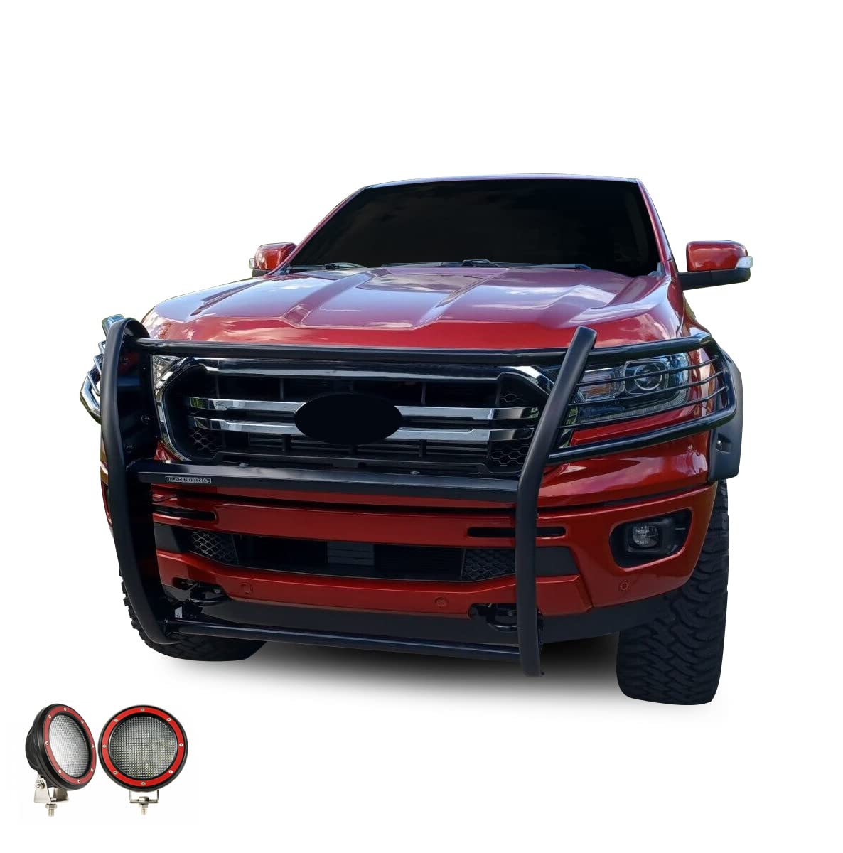 Bumper Guard Black Horse Grille Brush Modular Black Come with Pair of 5.3" Dia.LED Lights with Red Trim Rings Compatible with 2019-2023 Ford Ranger-17FP10MA-PLFR