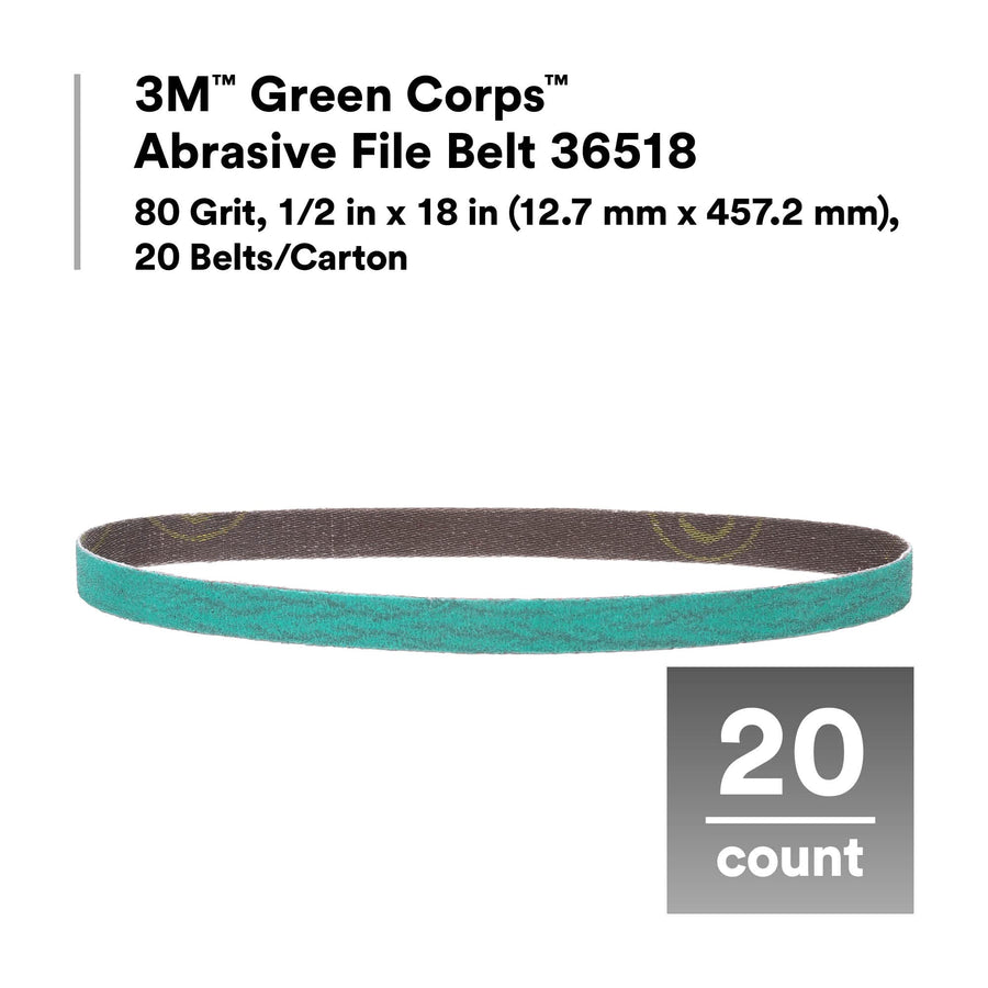3M Abrasive File Belt Green Corps 36518, 80 Grit, Spot Weld Removal, Resin Bonded, 1/2 in x 18 in (12.7 mm x 457.2 mm), 20 Belts/Carton
