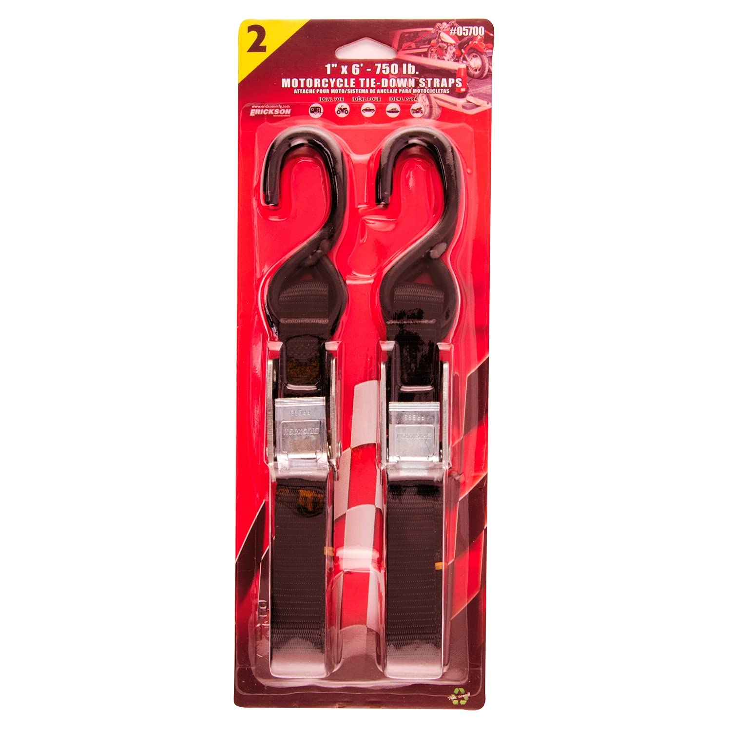 Motorcycle/ATV Cam Buckle Tie-Down Strap, Erickson 05700, 2 Pack (1" x 6' Long, 750lb Load Capacity)