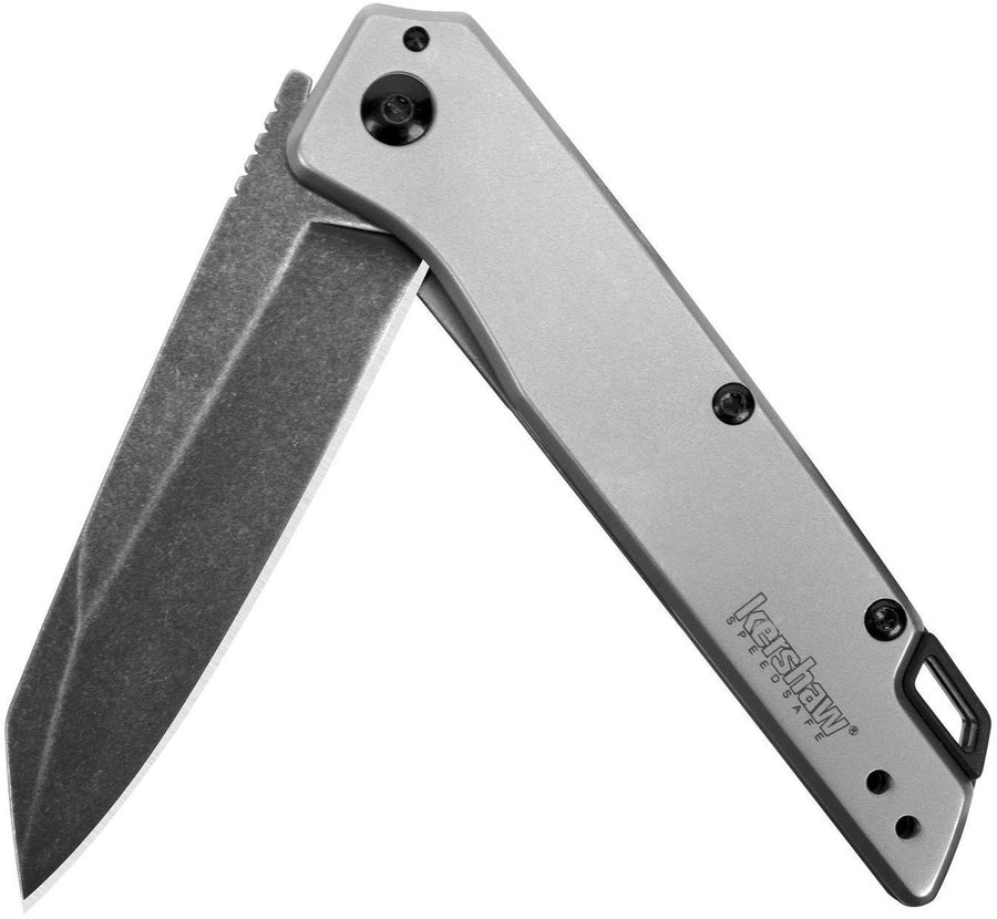 Misdirect Kershaw Pocketknife; 2.9 in. 4Cr13 Black-Oxide Blackwash Finish Blade, Stainless Steel Stonewash Finish Handle Equipped with SpeedSafe Assisted Opening, Flipper and Frame Lock (1365)