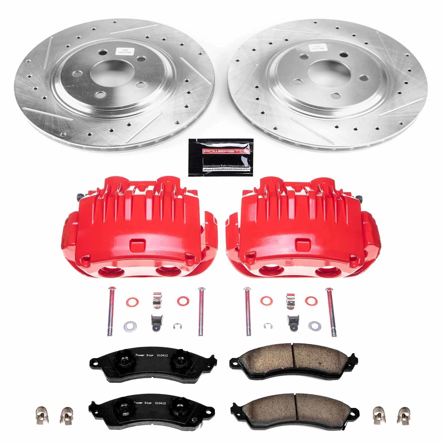Power Stop Z23 KC1304D Evolution Sport Front Caliper Kit-Drilled/Slotted Rotors, Carbon Ceramic Brake Pads, Calipers For Ford Mustang 1994-1998 [Model Specific]