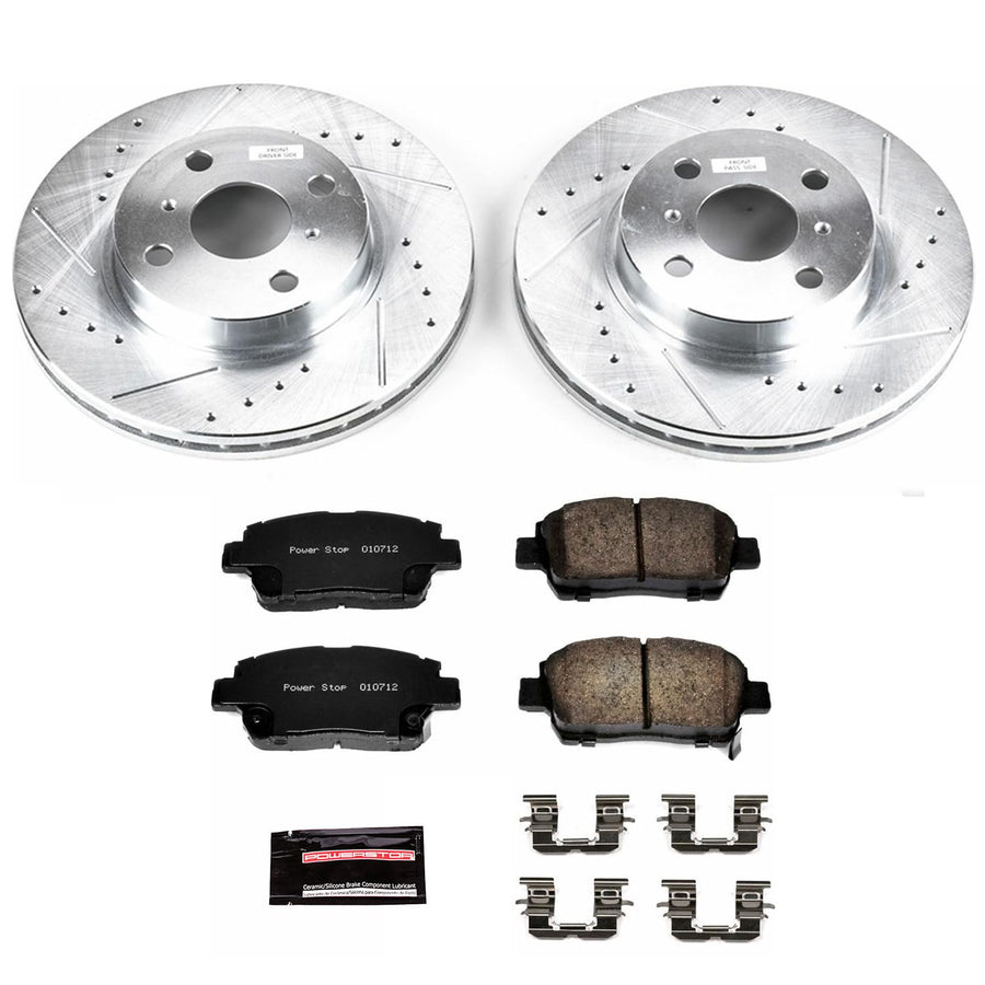Power Stop K1153 Z23 Carbon Fiber Brake Pads with Drilled & Slotted Brake Rotors Kit For Toyota Prius 2001-2003 [Model Specific]