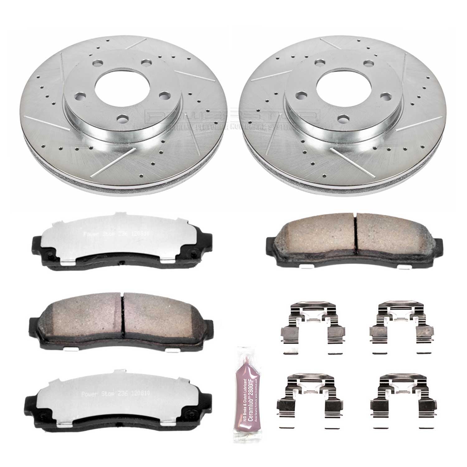 Power Stop Front Brake Kit For 2001 2002 2003 2004 2005 2006 2007 Escape Ford - Truck & Tow Carbon Fiber Ceramic Brake Pads & Drilled and Slotted Rotors Replacement, K1930-36