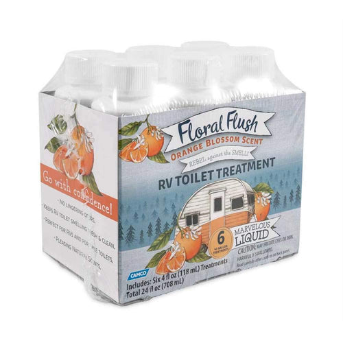 Floral Flush Camco 41481 RV Toilet Treatment Singles, Orange Blossom Scent - Eliminates Odors and Breaks Down Waste - Each Bottle Treats Up to 40-gallons - Contains (6) 4 oz. Bottles