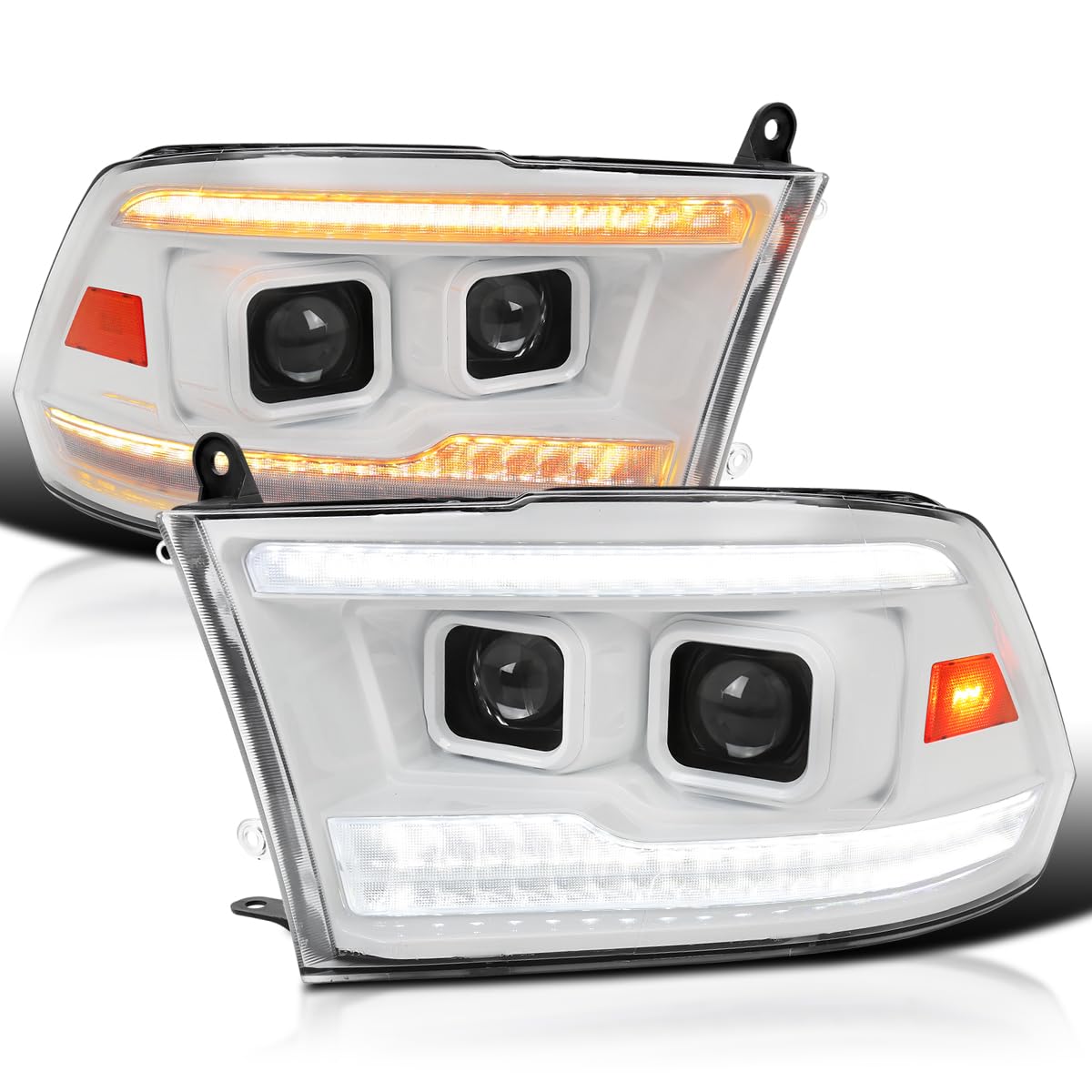 Special Edition SPEC-D TUNING Arctic White Projector Headlights w/Sequential Switchback LED Signal and Startup Animation Compatible with 2009-2018 Dodge Ram, Left + Right Pair Headlamps Assembly