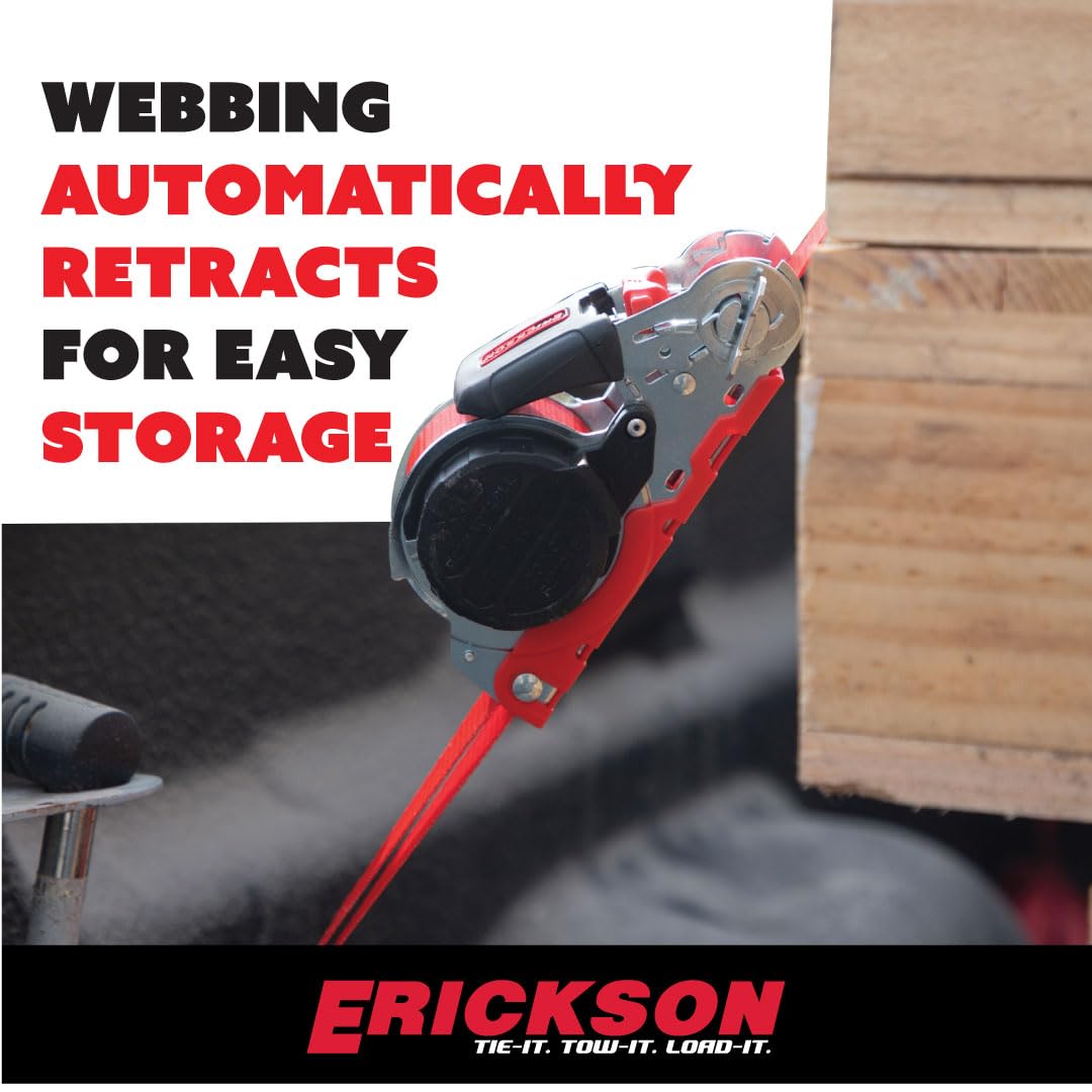 Retractable Ratchet Tie Down Strap Erickson - 1 in x 16 ft - 1500 lb Break Strength, Red Webbing, Self-Locking, Cap Lock Hooks - Heavy Duty for Truck, Trailer, ATV, UTV, Vehicle Cargo
