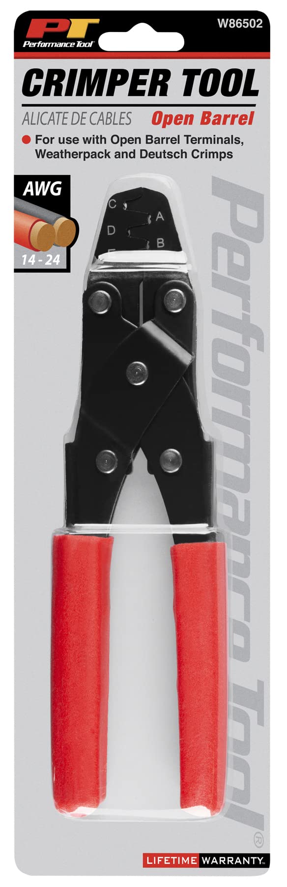 W86502 Performance Tool Open Barrel Terminal Crimping Tool for Weather Pack and Deutsch Crimps, 24-14 AWG