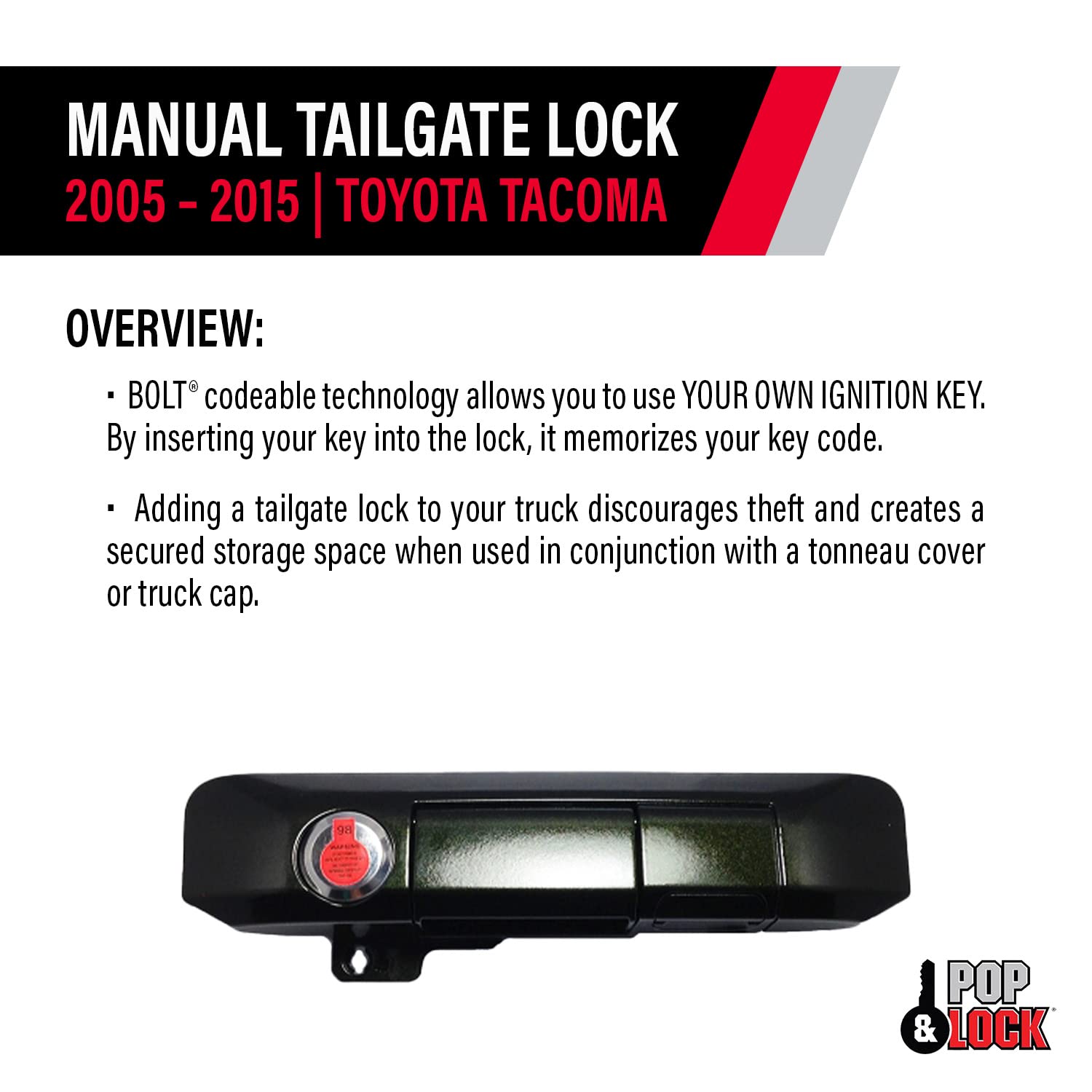 Pop & Lock Manual Tailgate Lock PL5411 Codeable with Bolt for Toyota Tacoma Spruce Mica