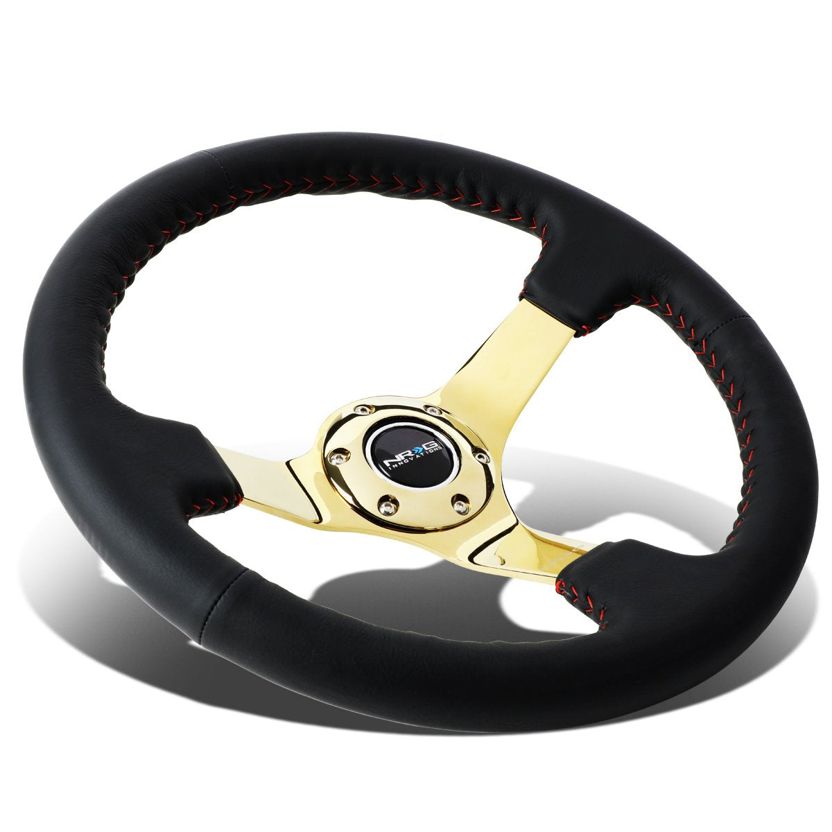 NRG Innovations Reinforced NRG-RST-036GD Steering Wheel - 350mm Sport Steering Wheel (3' deep) Black Leather with Red Baseball Stitching - Chrome Gold Spoke