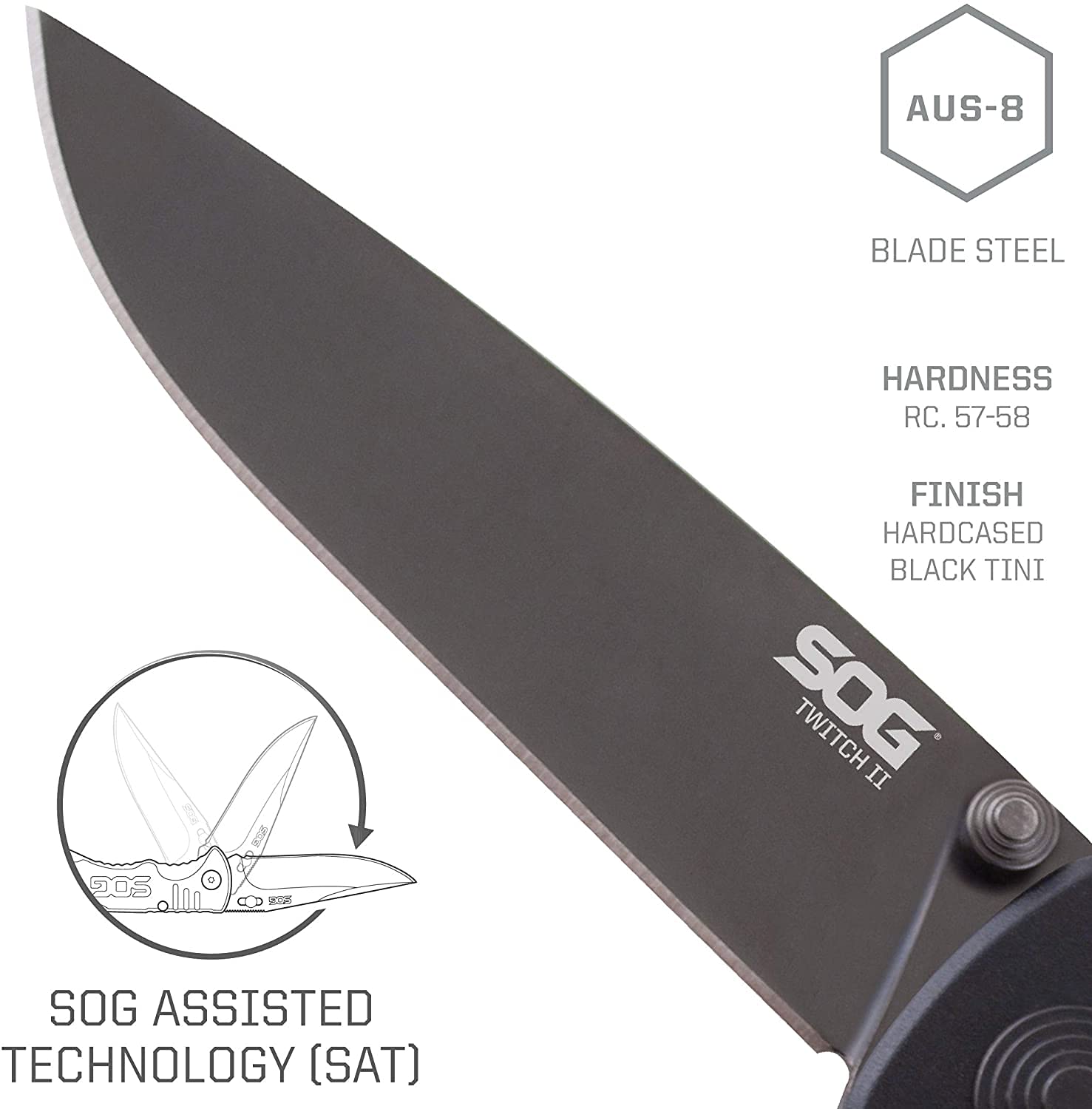 SOG Twitch II Lockback Knife- EDC Tactical Folding Assisted Opening Knife with 2.65 Inch AUS 8 Stainless Steel Blade and Low Carry Clip with Double Thumb Studs (TWI2-CP)