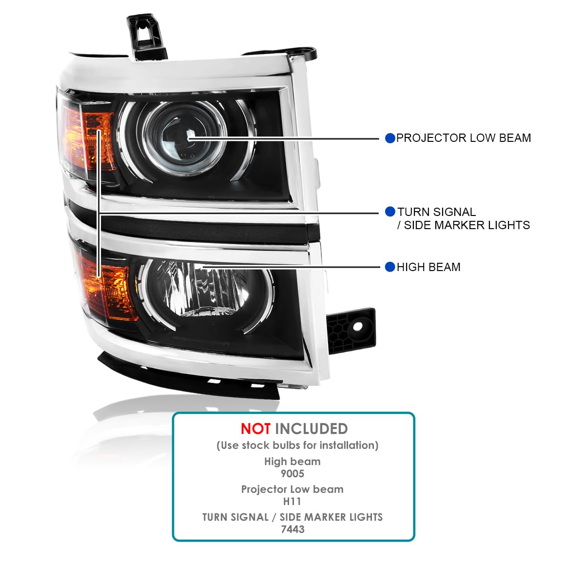 Black Projector Headlights w/Silver Trim SPEC-D TUNING Compatible with 2014-2015 Chevy Silverado 1500, Left + Right Pair Headlamps Assembly