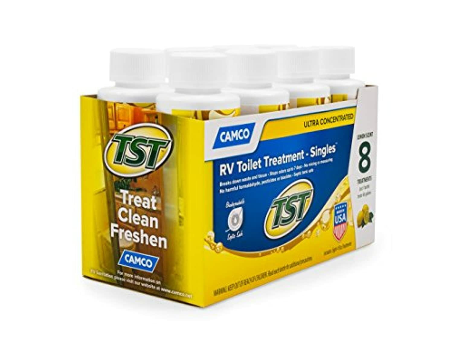 Camco TST MAX Toilet Treatment RV - Formaldehyde Free - Breaks Down Waste And Tissue - Septic Tank Safe - Treats up to 8-40 Gallon Holding Tanks -Lemon Scent, (8) 4 oz Bottles (41571)