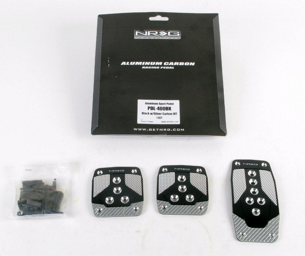 Black Aluminum Sport Pedal NRG Innovations with Silver Carbon MT PDL-400BK