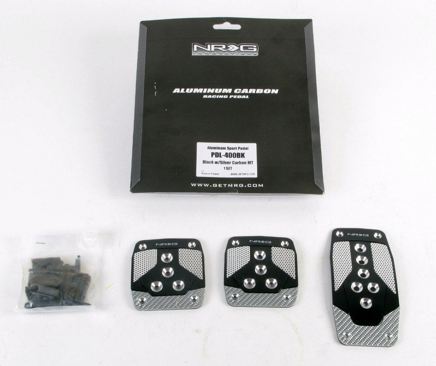 Black Aluminum Sport Pedal NRG Innovations with Silver Carbon MT PDL-400BK